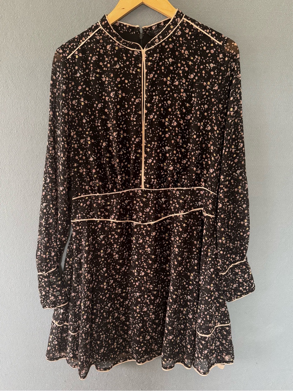 AllSaints Kay Pepper Dress US 10 Black Floral Long Sleeve Mini Sheer Ruffle Hem - Picture 6 of 8